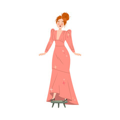 Young Woman Character Fitting Long Dress in Atelier or Tailor Studio Vector Illustration