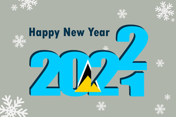 New year's card 2022. Demonstrates the element of the flag of Saint Lucia, a festive inscription and snowflakes. It can be used as a banner flyer, postcard, website, or national greeting.