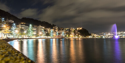 City harbor lights of Wellington with lights reflection. New Zealand