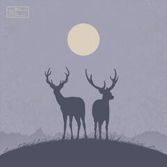 Deer family on hill. Endangered animal couple. Isolated silhouette