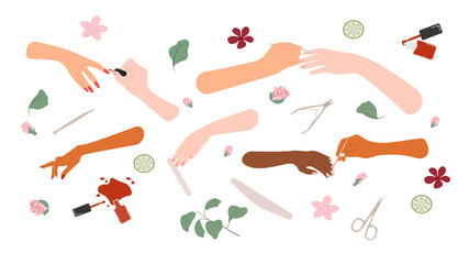 Set of illustrations. Female hand with manicure, manicure tools, flowers. Cosmetic procedures. Hand and nail care.