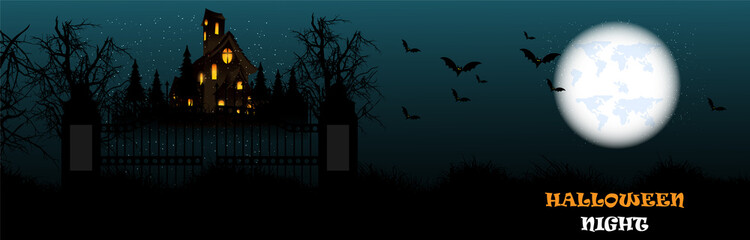 Happy halloween celebration banner with realistic pumpkin and hounted house