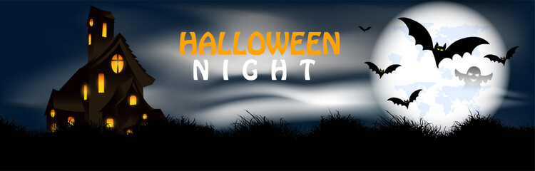 Halloween party banner with hounted house and glowing pumpkin