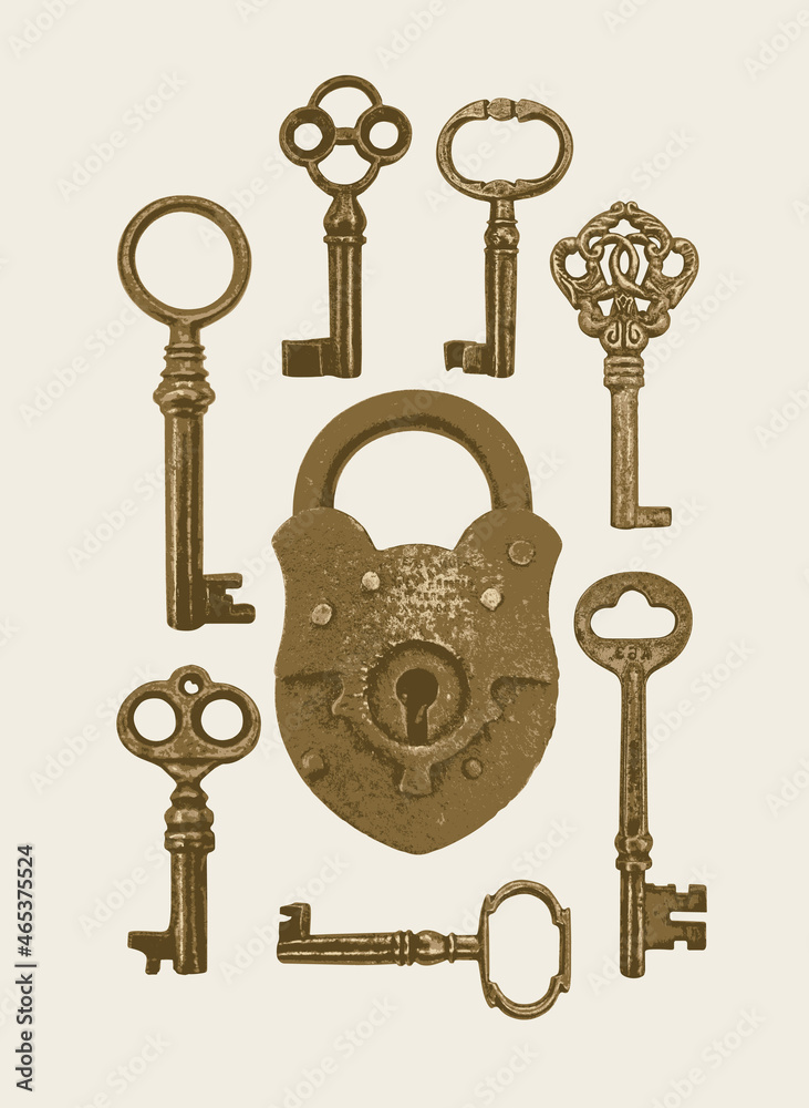 Wall mural vector banner with vintage bronze keys and lock on a light background. realistic illustration with o