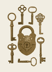 Vector banner with vintage bronze keys and lock on a light background. Realistic illustration with old padlock and a set of beautiful antique keys of various shapes in retro style