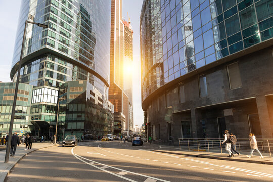 business center of Moscow skyscrapers. company headquarters offices.solar glare