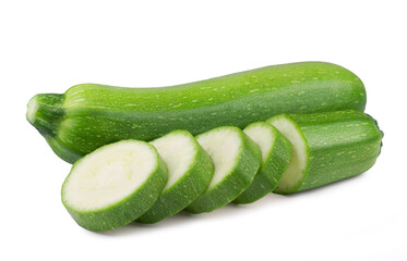 Fresh green zucchini and zucchini slices isolated on white background. Fresh vegetables.