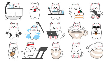 Collection of different cute little cats on a white background. Kawaii set of funny animal characters design in cartoon style. Pet cat. Baby stickers. Vector illustration.