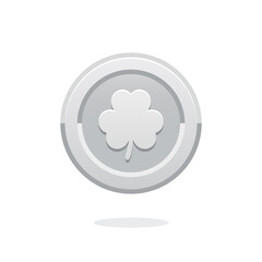 Silver leprechaun coin. Saint Patrick's Day golden coin. Coin icon. Money symbol. Silver coin with clover. St. Patrick's day symbol. Treasure sign. Silver leaf. Clover icon. Symbol of luck. Cash money