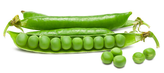 Fresh green pea pods with green peas isolated on white background. clipping path