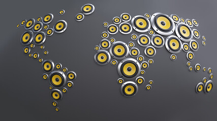 World music 3d illustration - loudspeakers forming the world map 3d rendering