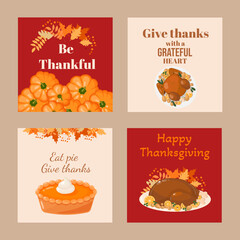 Instagram posts templates. Turkey, pumpkin pie, pumpkins and snacks. Vector templates for stories instagram post. Happy thanksgiving day