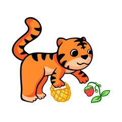 Vector illustration of the symbol of the year 2022. Tiger collects berry in doodle style