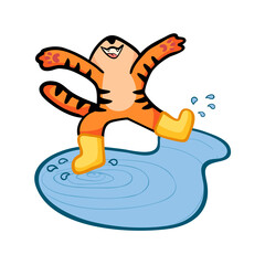 Vector illustration of the symbol of the year 2022. Tiger runs through puddles in doodle style