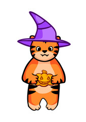 Vector illustration of the symbol of the year 2022. Tiger holds a pumpkin for Halloween in doodle style