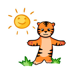 Vector illustration of the symbol of the year 2022. Tiger in the sun in doodle style