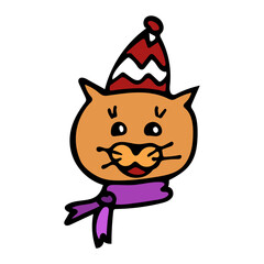 A cheerful Red Cat is smiling in a red and white hat and a purple scarf in the style of a cartoon. Vector illustration for children's book, postcard, poster, interior, textile.