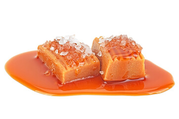 Delicious sweets with caramel sauce and salt isolated on a white background. Salted caramel candies.