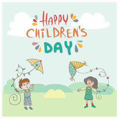 Obraz na płótnie Canvas Vector cartoon illustration - poster for Happy childrens day. Kid with kite in the park. Funny Boy girl plays with colored flying kite on an abstract background.