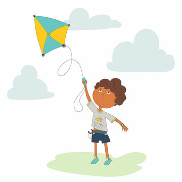 Vector cartoon illustration. Kid with kite in the park. Funny Boy  plays with colored flying kite on an abstract background. 

