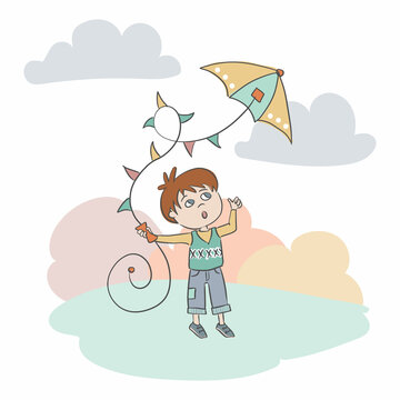 Vector cartoon illustration. Kid with kite in the park. Funny Boy  plays with colored flying kite on an abstract background. 

