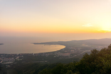 Aerial view of the evening bay and the resort town of Gelendzhik, Krasnodar Territory.