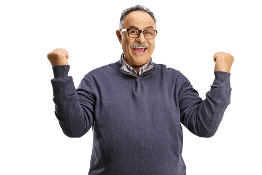 Casual mature man with glasses gesturing happiness