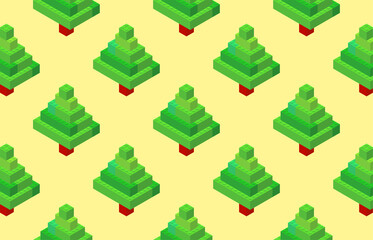 Isometric Christmas fir trees on a yellow background from colored plastic blocks. The children s designer. Vector illustration.