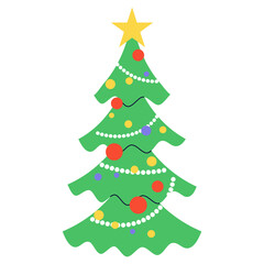 Green christmas tree decorated with a garland isolated on white