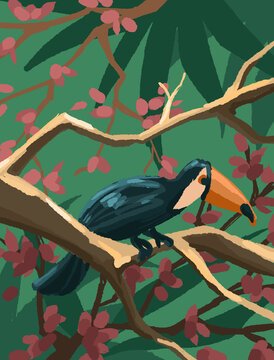 The cockatoo bird sits on a branch against the background of flowers and tropical plants