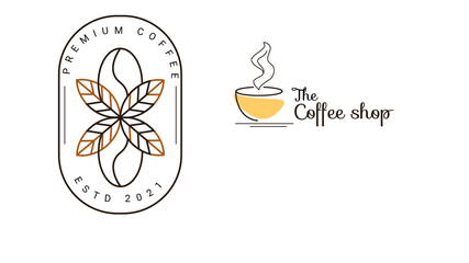 Set of Raster Coffee Logotype Templates and Coffee Accessories Illustration with Incorporated Icons with Fictitious Names