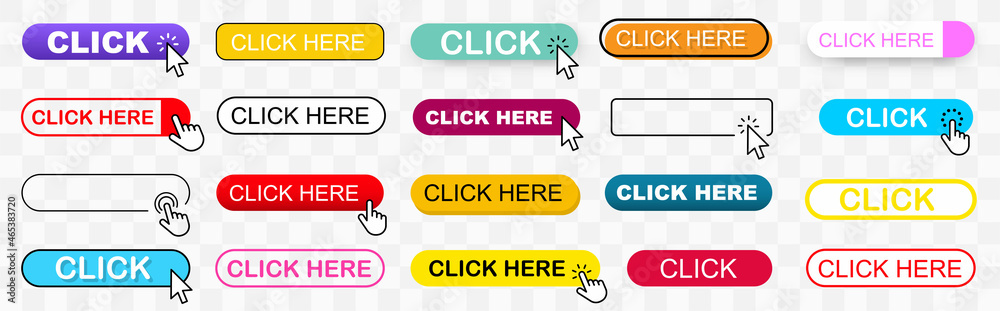 Poster Click web buttons collection. Click Here Button with Click cursor. Click button. Click here web button sign. Computer mouse click cursor or Hand pointer symbol. Vector illustration