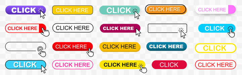 Click web buttons collection. Click Here Button with Click cursor. Click button. Click here web button sign. Computer mouse click cursor or Hand pointer symbol. Vector illustration