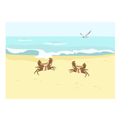 Two crabs and palm tree on the beach. Ore in the background.  Vector Seascape in summer