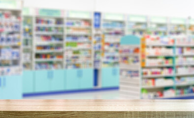 Pharmacy table background. Blur counters of pharmacy with medicines, tablets and pills.