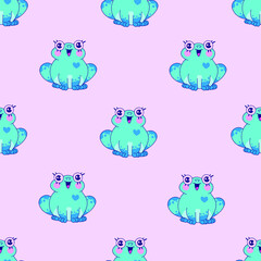 Obraz premium Flat line color vector seamless pattern cute animal for baby products - frog. Cartoon style. Children's doodle. Babyhood. Newborn. Vector illustration, element for design, wallpaper. Kids toy. Farm.