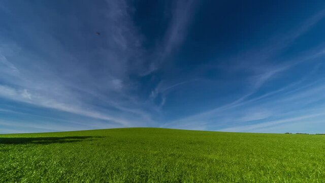 Zeitraffer vorbeiziehender Wolken &uuml;ber h&uuml;geliger gr&uuml;ner Graslandschaft