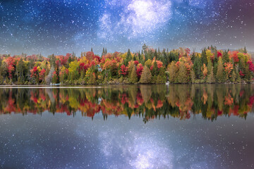 Lac Creux in Autumn showing fall colors in cottage country, Quebec Canada. - 465385705