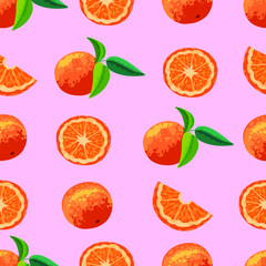 Seamless vector pattern with the image of fresh citrus fruits. Orange pattern is suitable for printing on fabric, wallpaper, tablecloth. A pattern with juicy,  oranges and tangerines. Orange slice