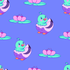 Vector children's seamless pattern for kids with cute ducks . Pattern background for children with cartoon characters , for printing on fabric, clothes, toys, notebooks, wrapping paper
