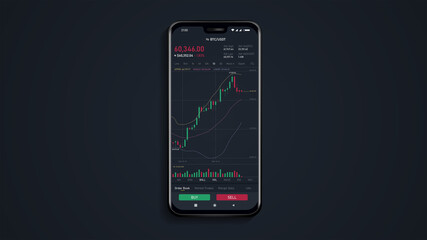 Bitcoin on the smartphone screen against the background of trading. Template for your design. Vector illustration.