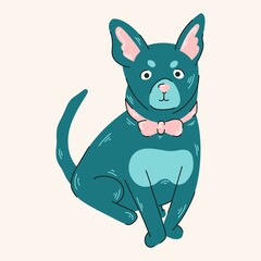 Blue vector dog with bow tie illustration. Colorful print with dog
