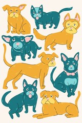 Dogs vector illustration set. Poster design of different cute stylized dogs