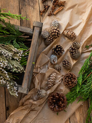 Weihnachtliche Dekoration mit Zapfen und Konifere, Deko für Weihnachten