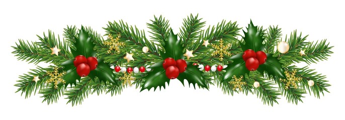Fototapeta na wymiar Christmas border decorations garland with fir branches and holly berries, golden snowflakes and beads. Design element for Xmas or New Year on white background. Vector