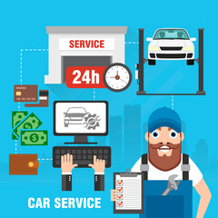 Car service a web application on a computer. Online car service concept design flat. Fast car repair. Vector illustration