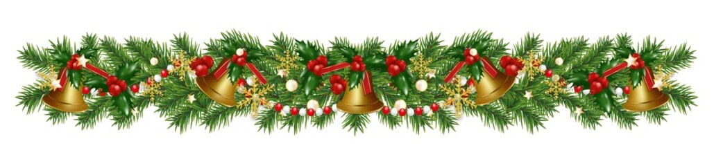 Christmas border decorations garland with fir branches, golden bells, snowflakes holly berries and beads. Design element for Xmas or New Year on white background. Vector