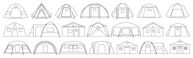 Tent store vector outline set icon. Vector illustration canopy on white background. Isolated outline set icon tent. © VectorVicePhoto