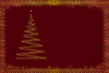 Shining seasonal card with christmas tree of a golden stars on a  wine red canvas in a metallic frame of  starlets, background, colored, card, postcard, seasonal greetings, holiday
