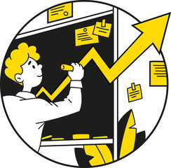Illustration of a man who writes on a blackboard. The man draws a growing graph. Positive forecasts, big income. Guy draws graphiсs on a flip chart